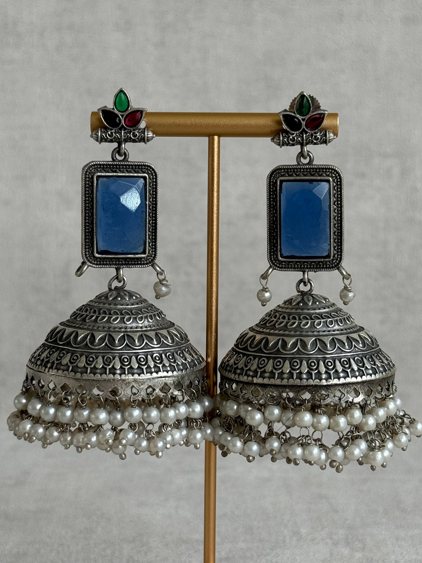 Ayura Designs Zeba Earrings – Oxidised Statement Jhumkis in Ink Blue & Multicolour Stones with Pearl Detailing