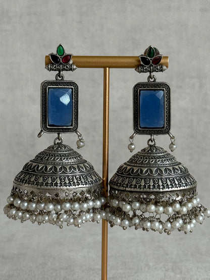 Ayura Designs Zeba Earrings – Oxidised Statement Jhumkis in Ink Blue & Multicolour Stones with Pearl Detailing