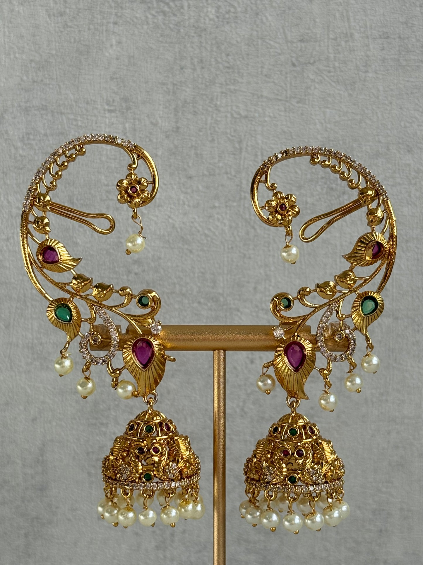 Ayura Designs Nalini Jhumkis – Gold Half Ear Cuffs with Multicolour Stone Accents, Crystal Detailing & Pearl Jhumka Drops