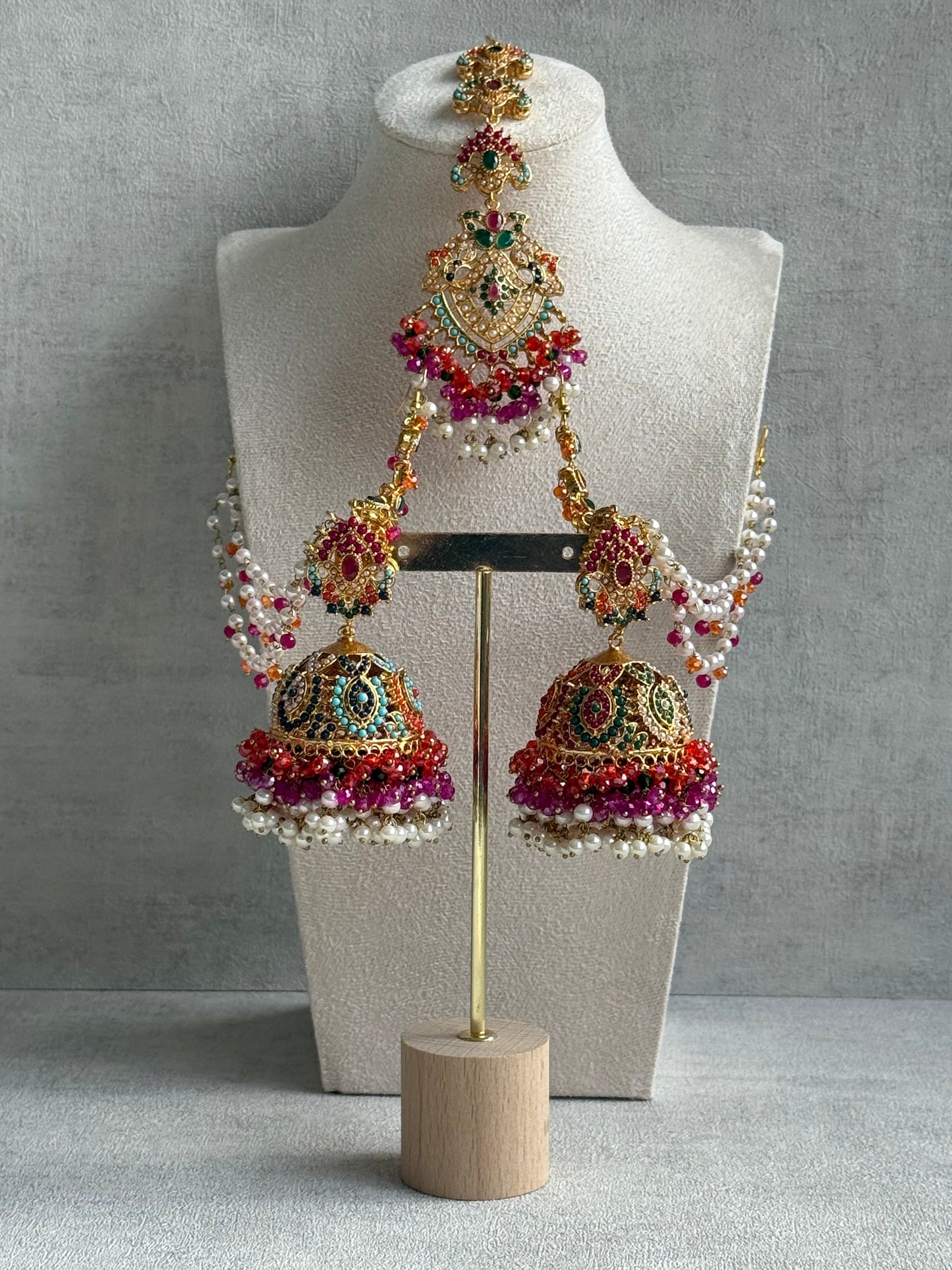 Ayura Designs Safia Tikka Set with Sahare Earrings – Multicolour (Orange, Pink & Ivory Beads)