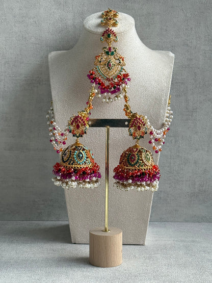 Ayura Designs Safia Tikka Set with Sahare Earrings – Multicolour (Orange, Pink & Ivory Beads)
