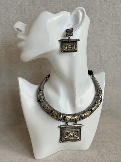 Ayura Designs Naina Necklace Set with Earrings – Dual Tone Oxidised Necklace with Bird Motifs, Black Stone Detailing & Statement Pendant