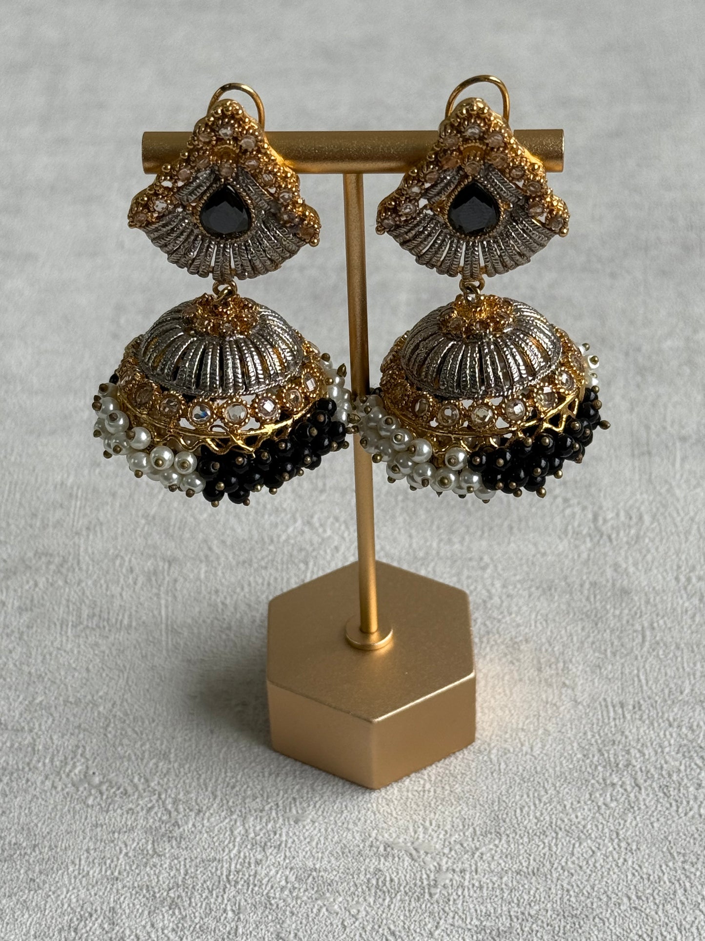 Ayura Designs Nasha Jhumkis – Silver & Gold Dual-Tone Earrings with Black & Pearl Beads