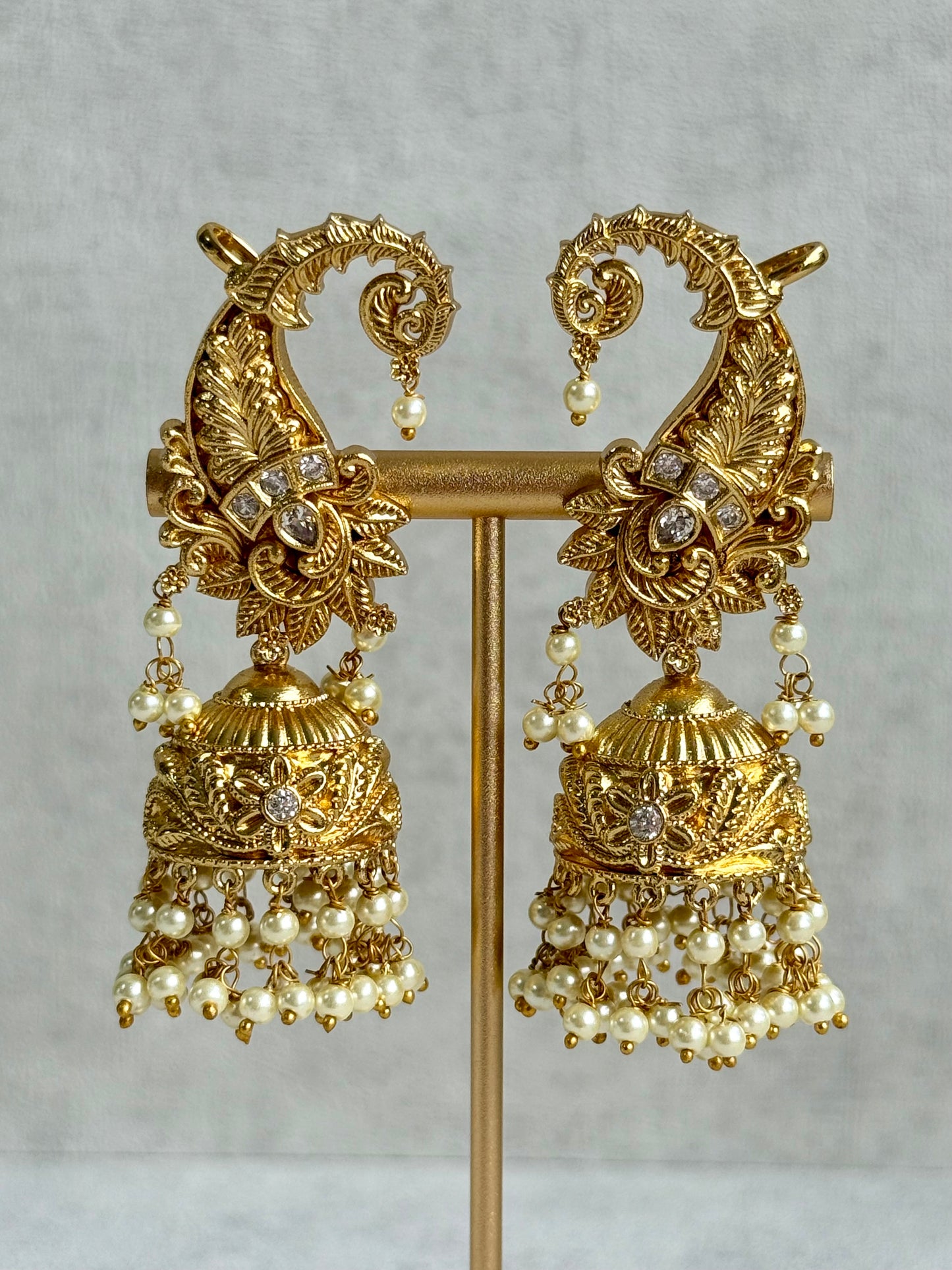 Ayura Designs Anika Jhumkis – Gold Half Ear Cuffs with Floral Motif, Kundan Crystals & Pearl Jhumka Drops