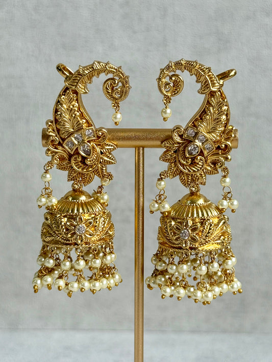 Ayura Designs Anika Jhumkis – Gold Half Ear Cuffs with Floral Motif, Kundan Crystals & Pearl Jhumka Drops
