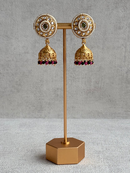 Ayura Designs Kesar Necklace Set with Jhumkis – Multi-Strand Pearl Design, Kundan, Rani Pink & Green Stones & Gold Finish