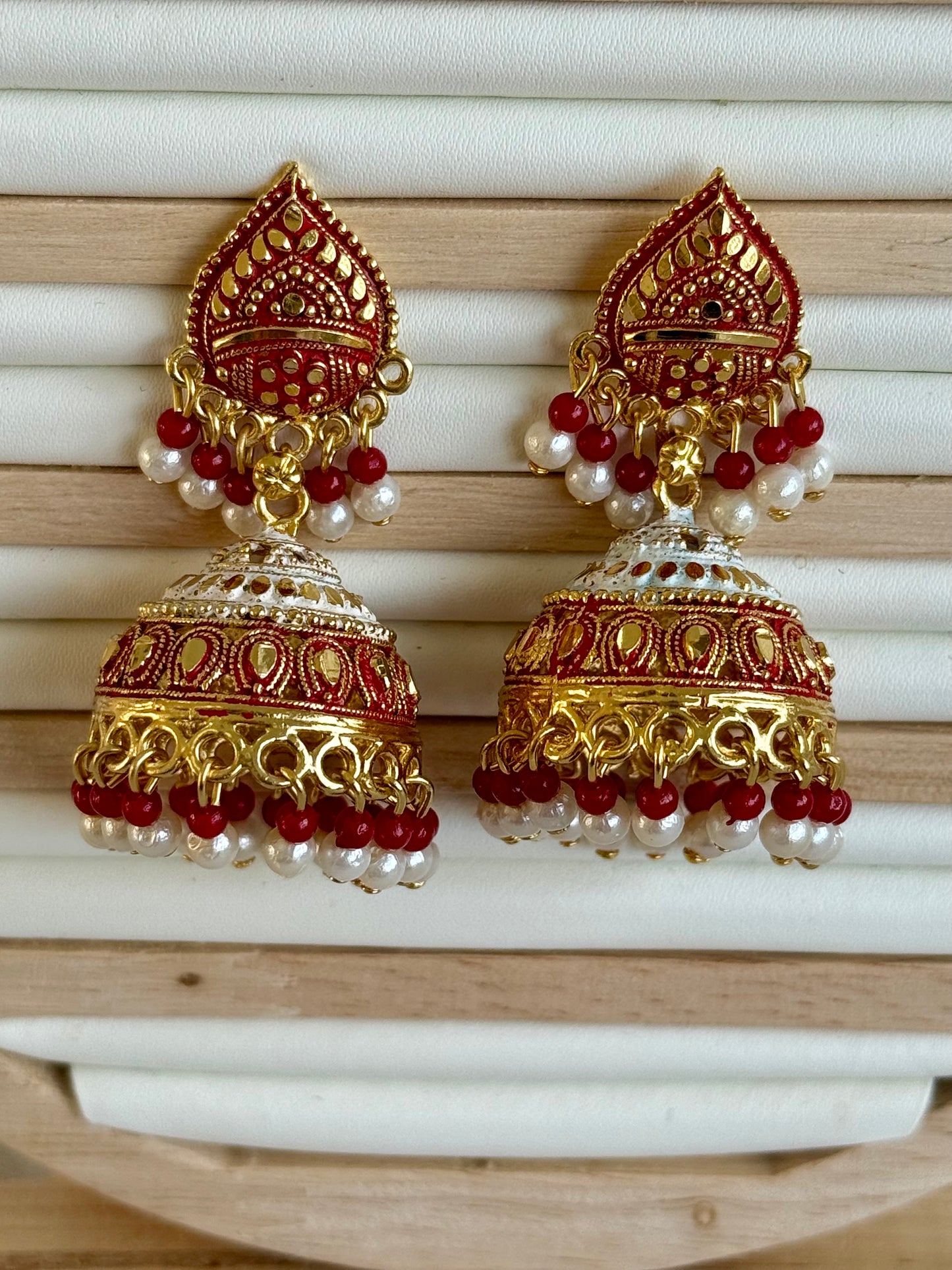 Ayura Designs Jogan Jhumkis – Red & White Beads with Antique Gold Detailing