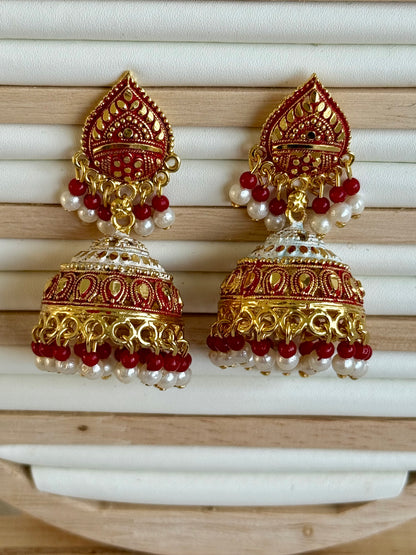 Ayura Designs Jogan Jhumkis – Red & White Beads with Antique Gold Detailing