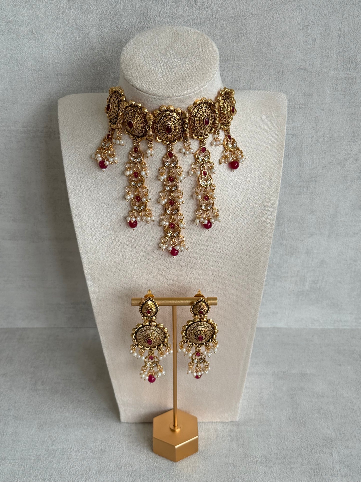 Ayura Designs Kabini Choker Set with Earrings – Gold Kundan Waterfall Choker with Ruby Pink Beads & Pearls