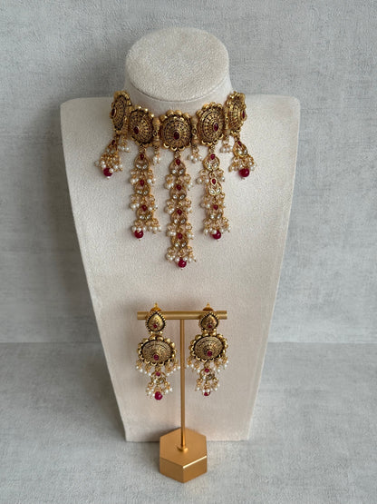 Ayura Designs Kabini Choker Set with Earrings – Gold Kundan Waterfall Choker with Ruby Pink Beads & Pearls