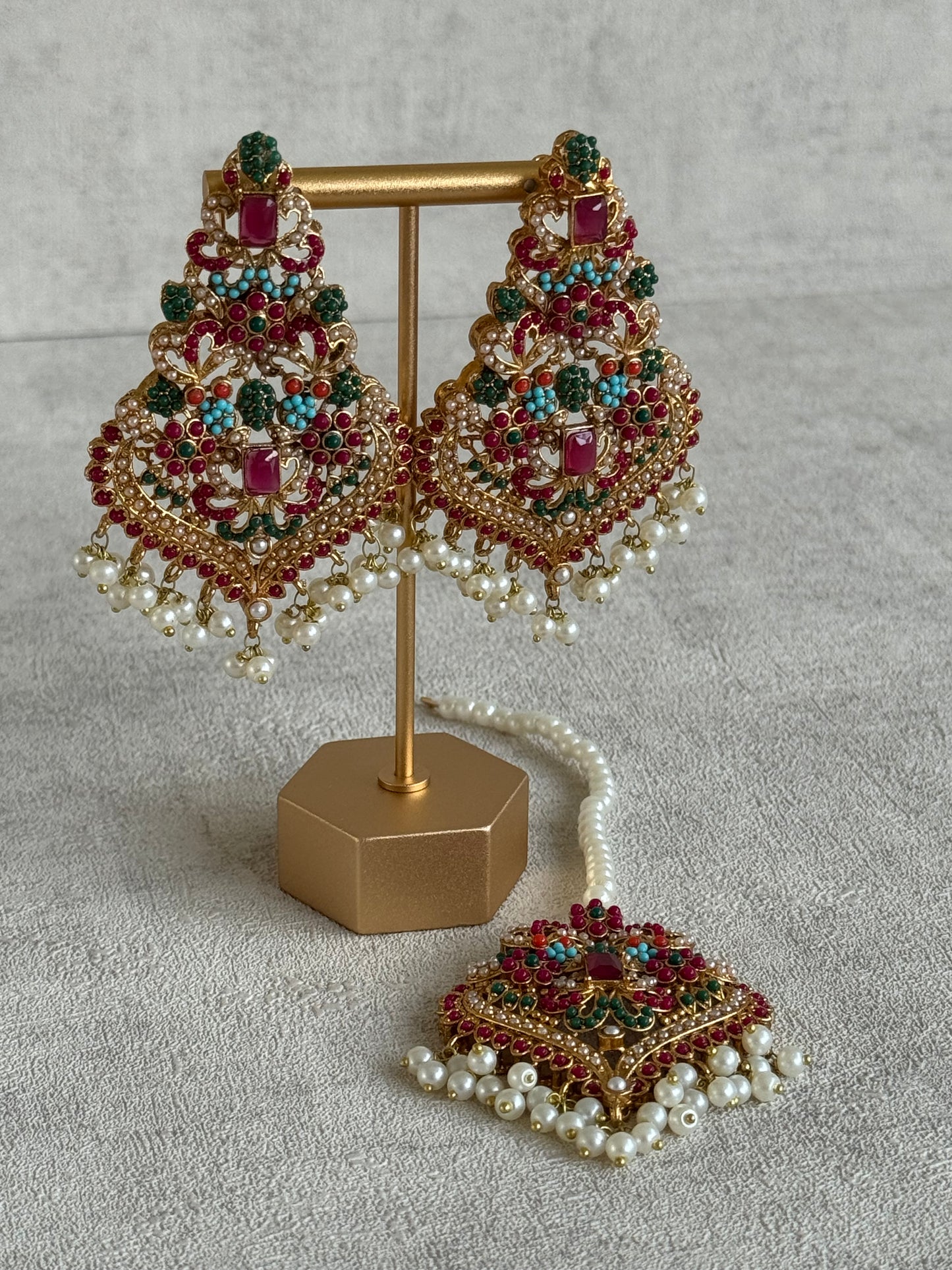 Ayura Designs Mahnoor Navratan Choker Set with Earrings & Tikka – Antique Gold Finish, Multicolour Enamel & Pearl Detailing