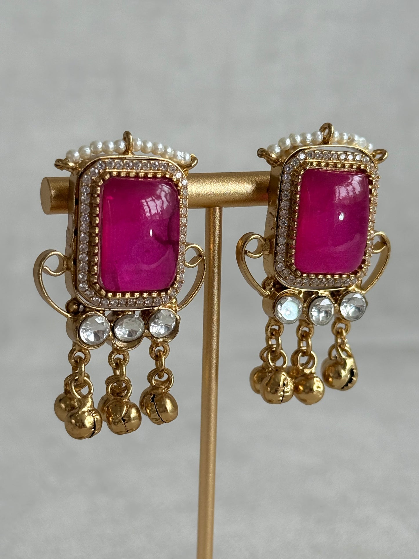 Ayura Designs Aleena Earrings – Rani Pink Stone Stud Earrings with Pearls & Ghungroo Detailing