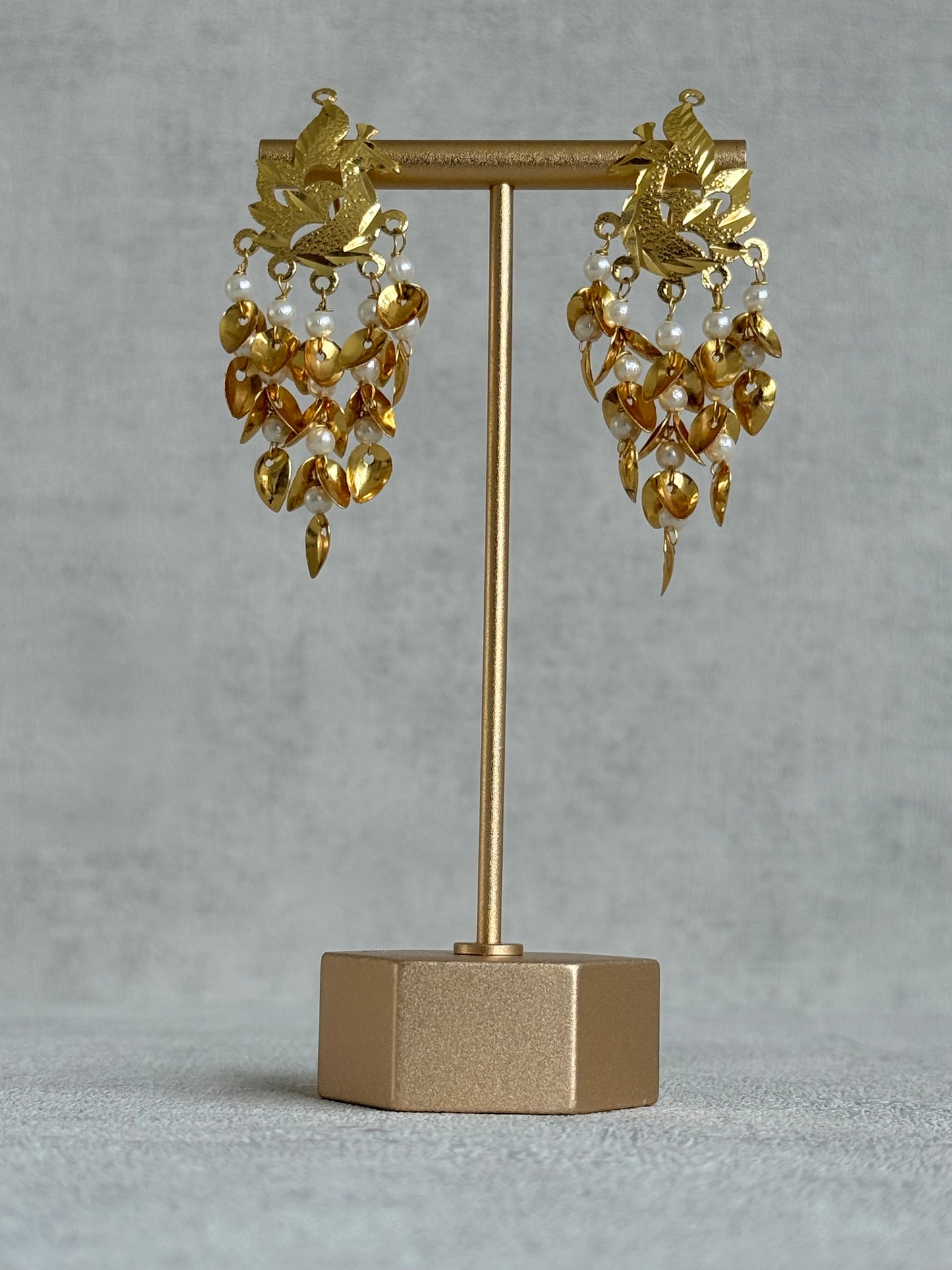 Ayura Designs Patari Earrings – Gold Peacock Pipal Patti Pearl Drop Earrings