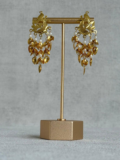 Ayura Designs Patari Earrings – Gold Peacock Pipal Patti Pearl Drop Earrings