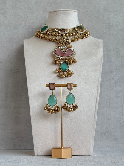 Ayura Designs Ahista Necklace Set with Earrings – Statement Pendant Necklace with Pink & Aqua Green Cat Eye Stones, Pearl Detailing & Ghungroo Accents