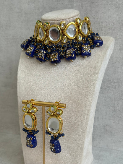 Ayura Designs Gyan Set With Choker And Earrings – Kundan Stones And Navy Blue Meenakari Drops