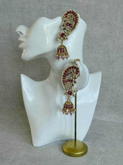 Ayura Designs Urisha Ear Climber Jhumkis – Ruby Pink, Kundan & Pearl Detailing