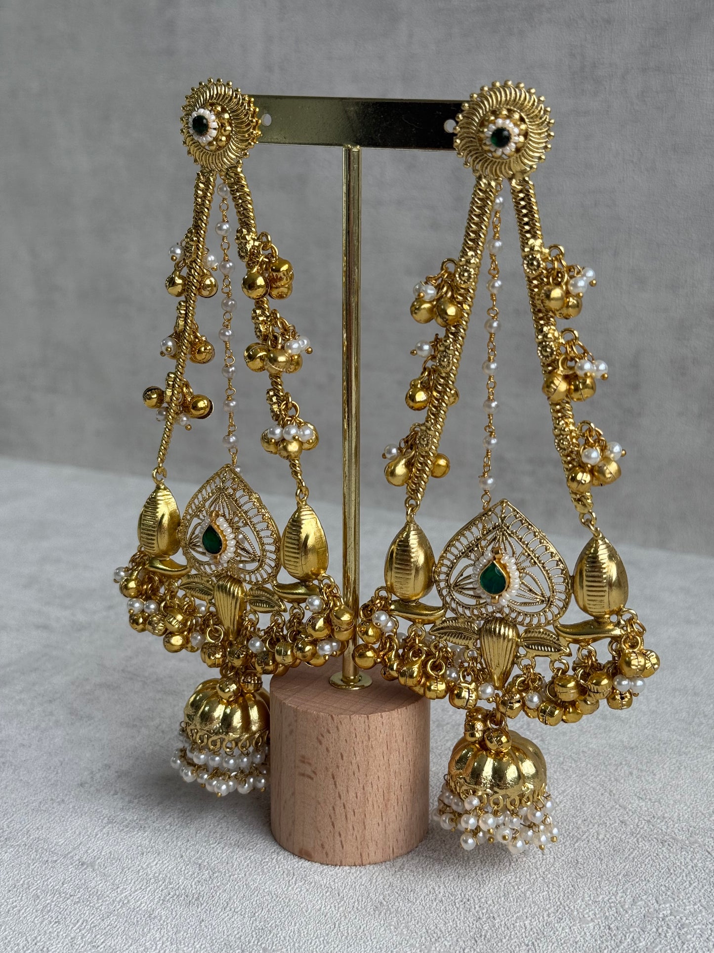 Ayura Designs Teja Earrings – Antique Gold Jhumkis with Emerald Stone & Pearl Detailing