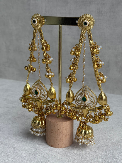 Ayura Designs Teja Earrings – Antique Gold Jhumkis with Emerald Stone & Pearl Detailing