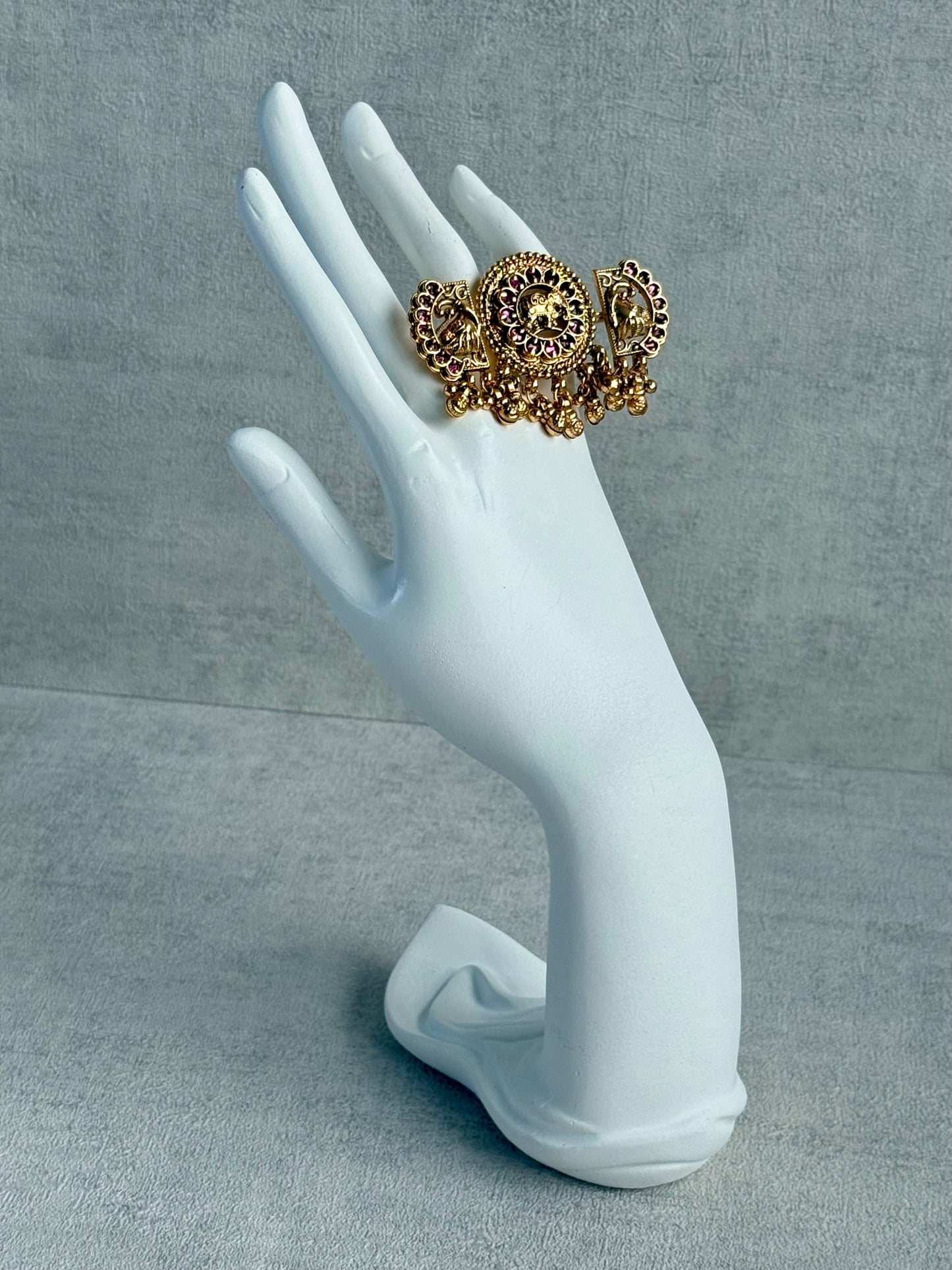 Ayura Designs Nira Adjustable Ring – Jadau-Inspired Elephant Motifs with Rani Pink Stones, Pearl Drops & Ghungroos