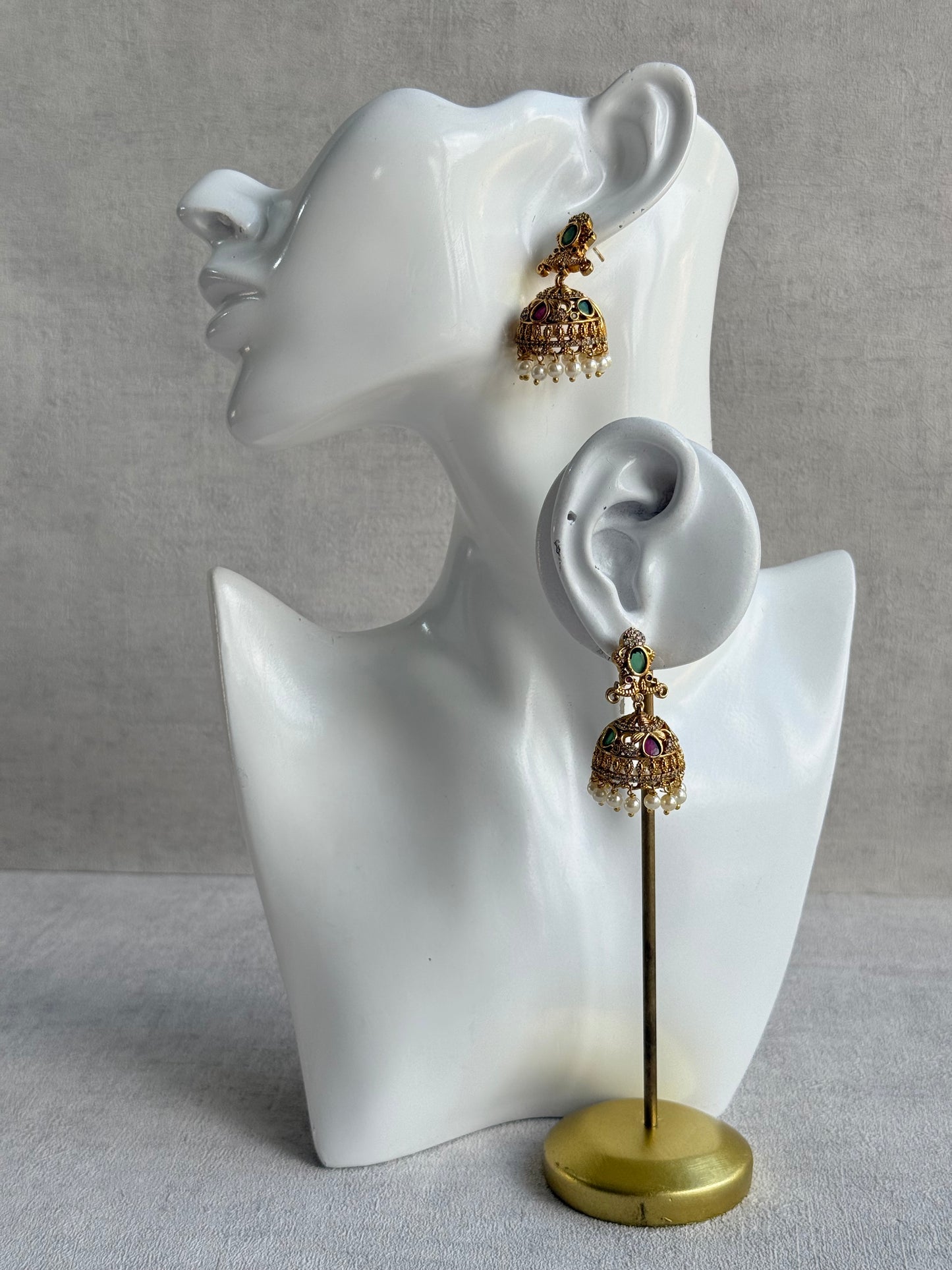Ayura Designs Ehla Jhumkis – Gold Peacock Design with Green & Ruby Pink Stones, Crystals & Pearl Drops