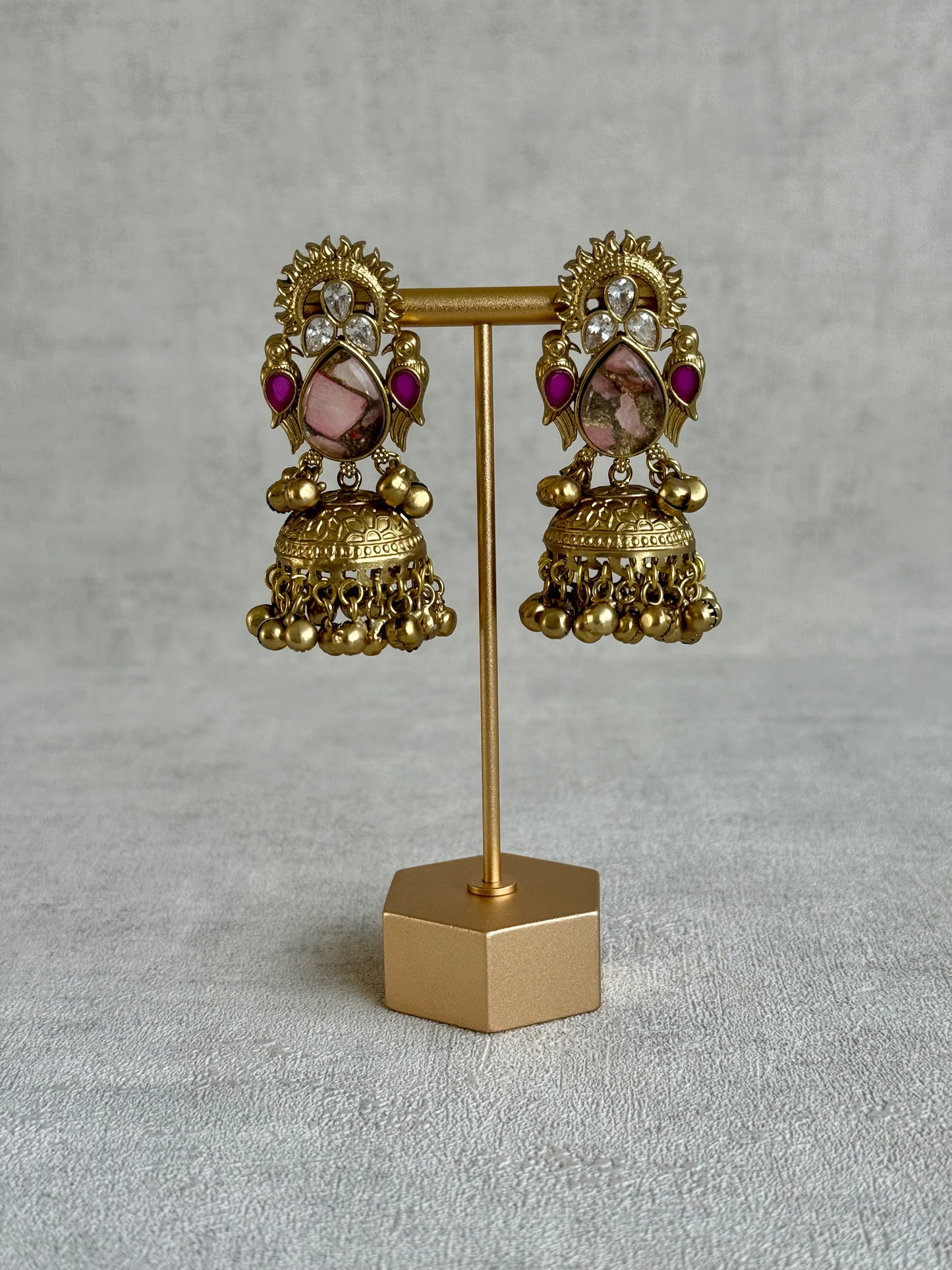 Ayura Designs Avleen Earrings – Rose Pink Marble with Antique Gold Jhumkis