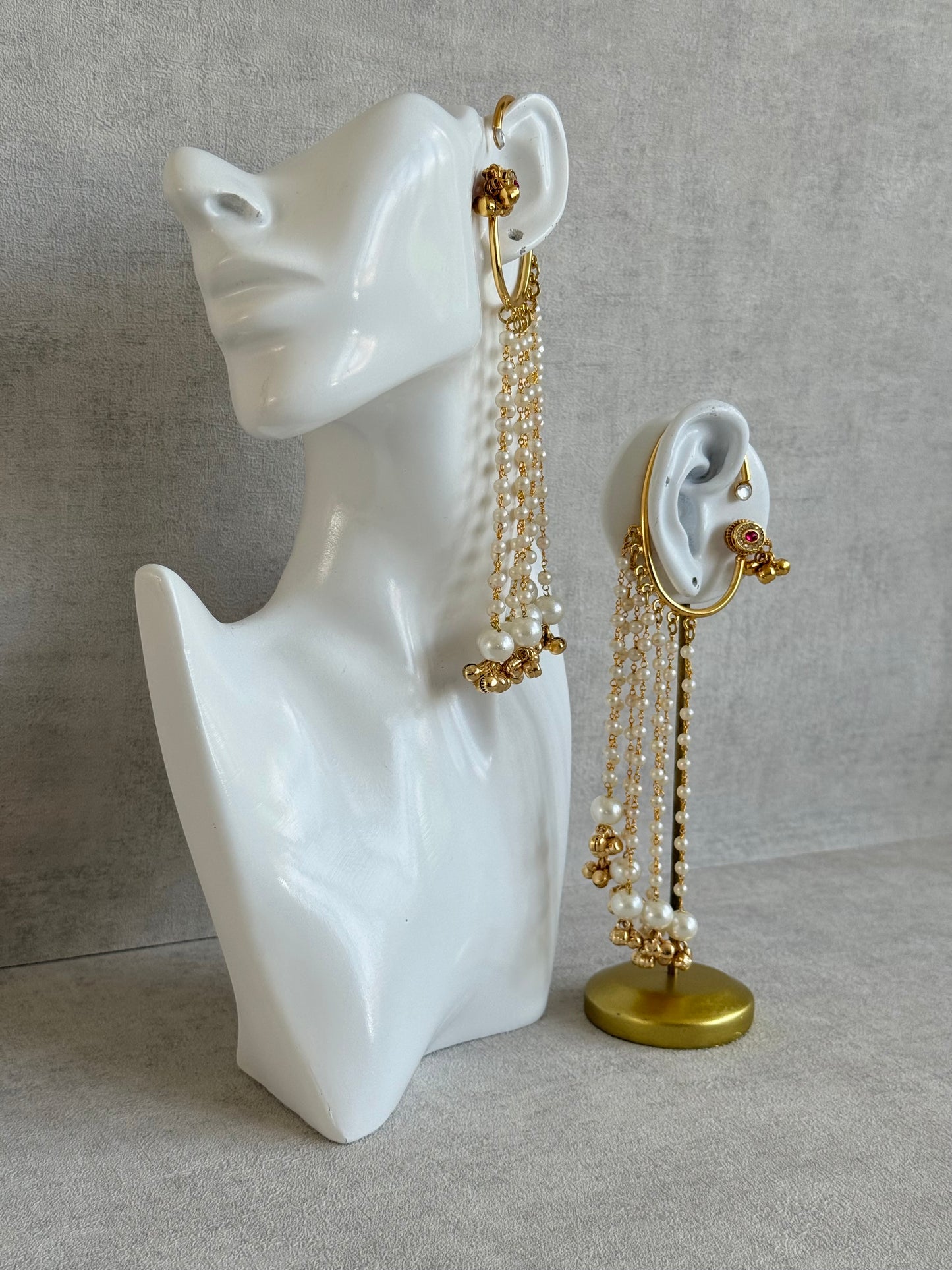 Ayura Designs Nargiza Ear Cuffs – Pearl Tassel Ear Cuffs with Ghungroo Detailing & Ruby Stone Accents