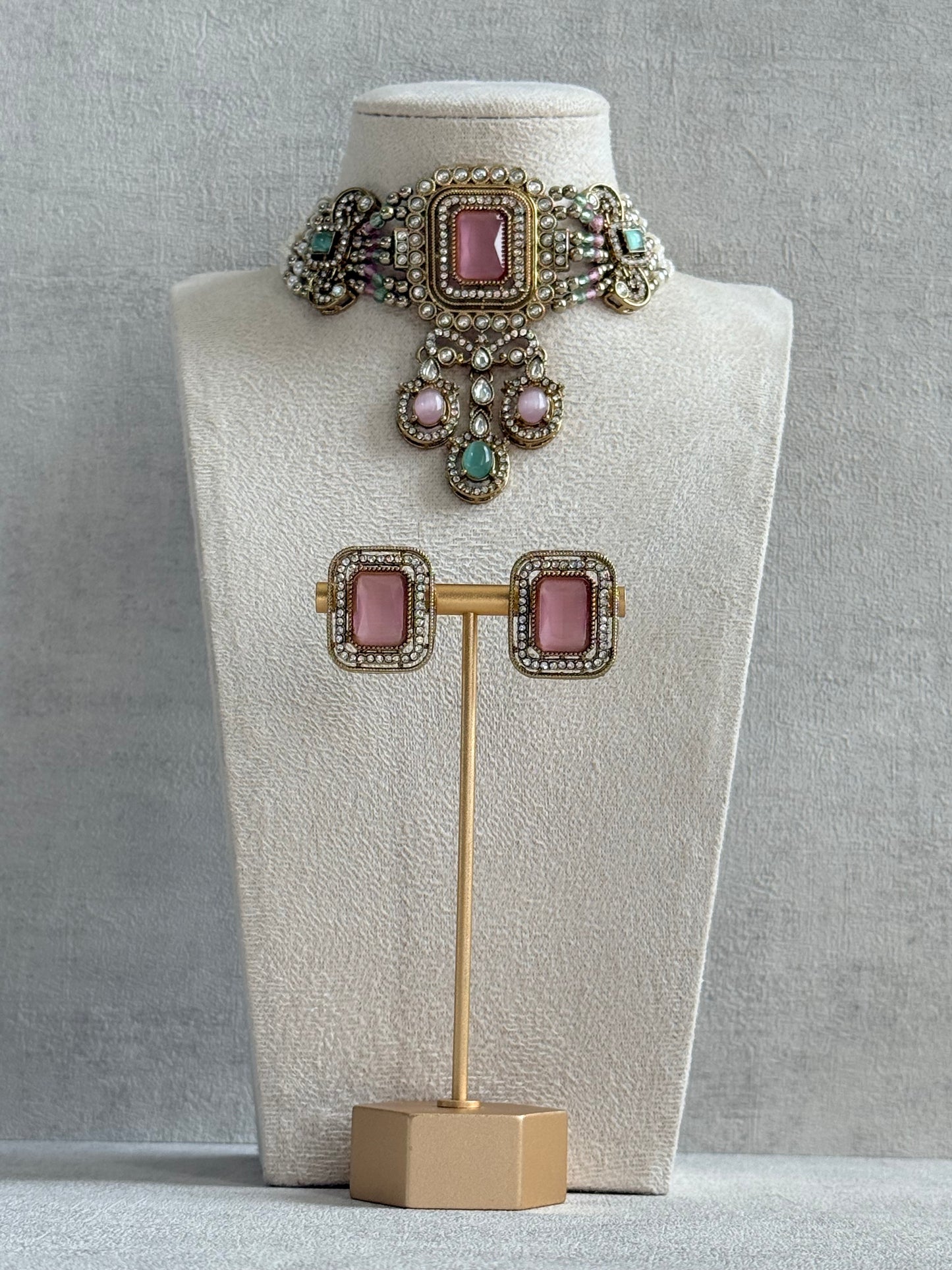 Ayura Designs Nabiha Choker Set with Studs – Blush Pink & Mint Green, Crystal Detailing & Gold Finish