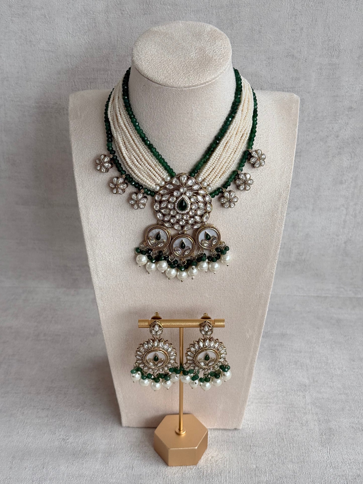 Ayura Designs Callie Set with Earrings – Emerald Green, Ivory Pearl & Jadau Detailing
