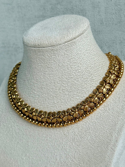 Ayura Designs Sathya Necklace Set with Stud Earrings – Antique Gold Temple Style with Textured Beadwork