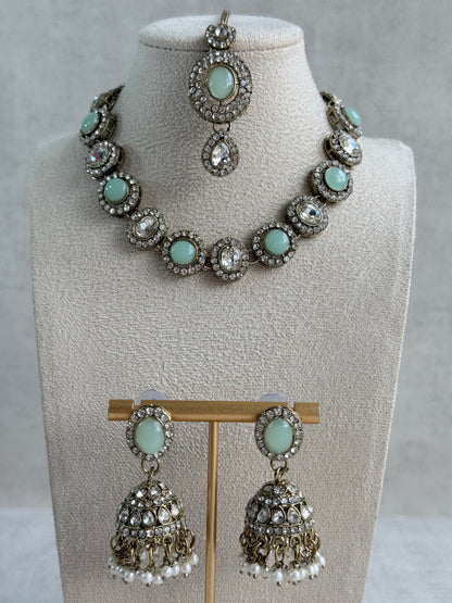 Ayura Designs Eira Necklace Set with Earrings & Tikka – Mint Green & Crystal Stones with Antique Gold Finish