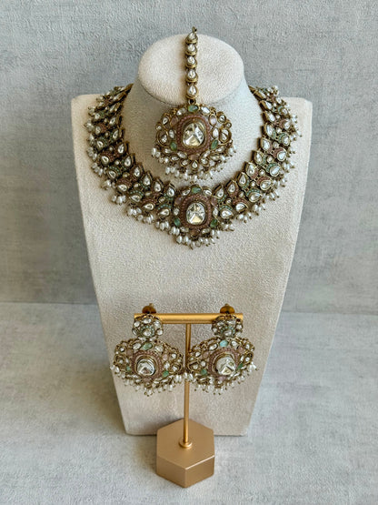 Ayura Designs Durriya Set with Earrings & Tikka – Antique Gold Finish, Mirror-Cut Stones & Pastel Pink, Mint & Ivory Enamel