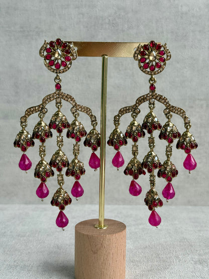 Ayura Designs Jasmine Earrings – Chandelier Earrings with Fuchsia Beads & Antique Gold Detailing