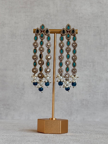 Ayura Designs Emilia Earrings – Gold Triple Strand Statement Earrings with Peacock Blue Stones & Pearl Drops