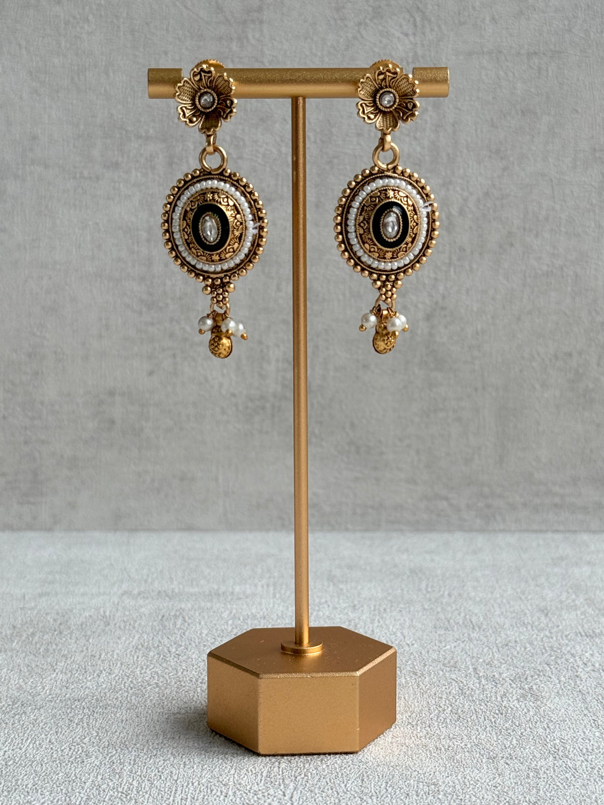 Ayura Designs Livia Necklace Set with Earrings – Green Enamel, Kundan & Pearl Detailing in Antique Gold Finish