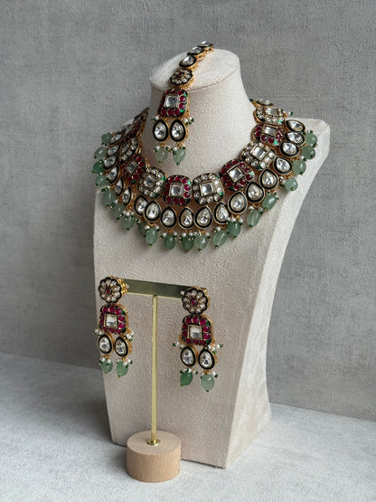 Ayura Designs Salma Set – Necklace, Earrings & Tikka with Mirror-Cut Kundan, Pink & Mint Beads, Emerald Green Meenakari & Gold Finish