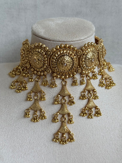 Ayura Designs Farzeena Choker Set with Earrings & Tikka – Traditional Gold Tone Waterfall Jewellery Set with Ghungroo Detailing