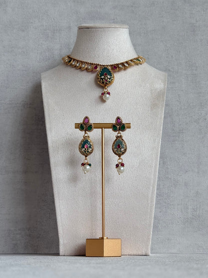 Ayura Designs Lamees Necklace Set with Earrings – Green Enamel, Emerald Green & Ruby Pink Stones with Pearl Drops