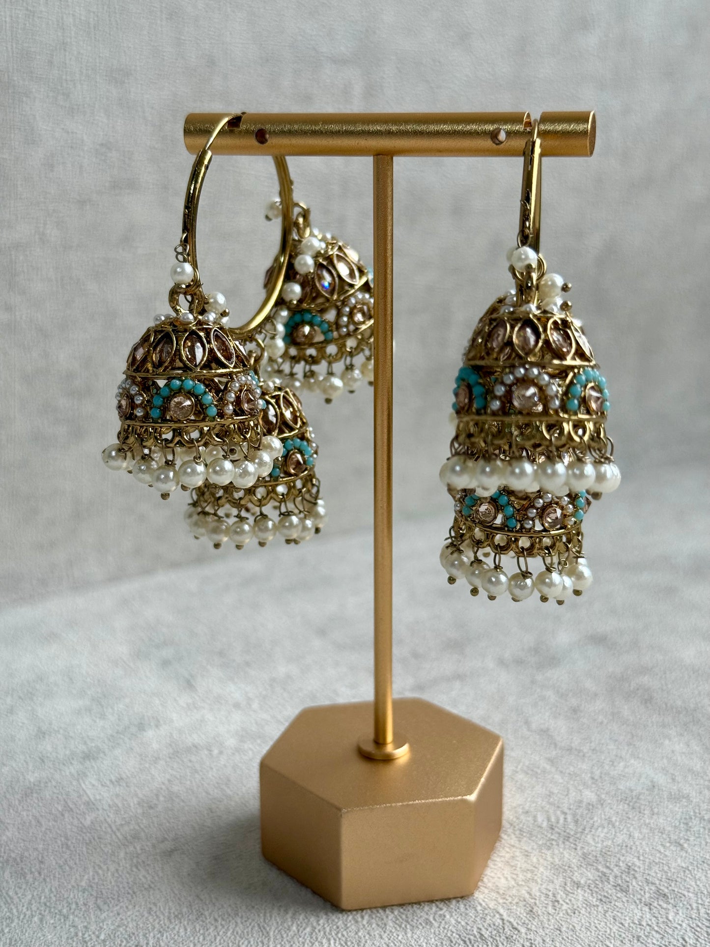 Ayura Designs Nakhra Balis – Aqua Blue Triple Dome Earrings with Mirror-Cut Stones & Pearl Detailing