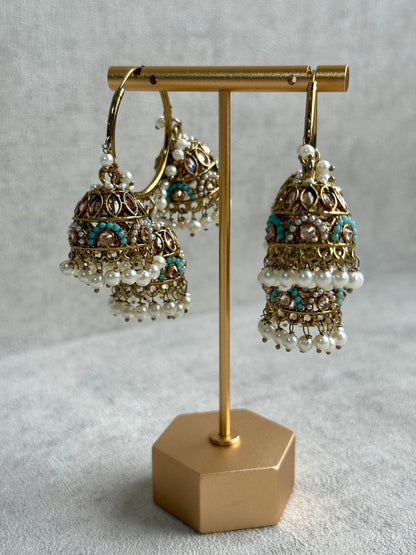 Ayura Designs Nakhra Balis – Aqua Blue Triple Dome Earrings with Mirror-Cut Stones & Pearl Detailing