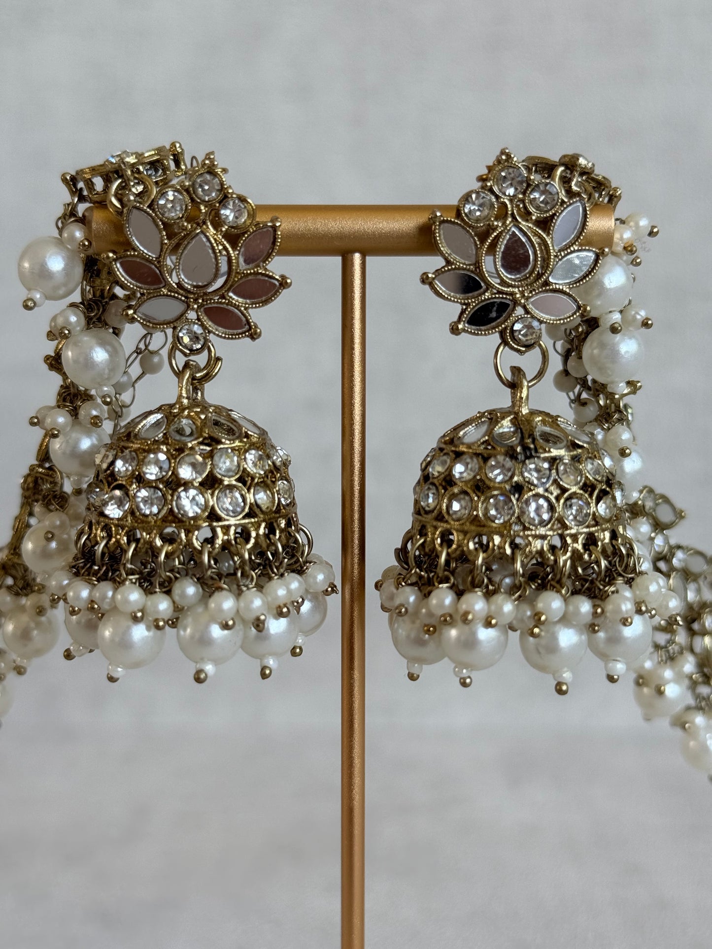 Ayura Designs Sheesh Jhumkis with Sahare – Mirror Kundan Pearl Jhumkis