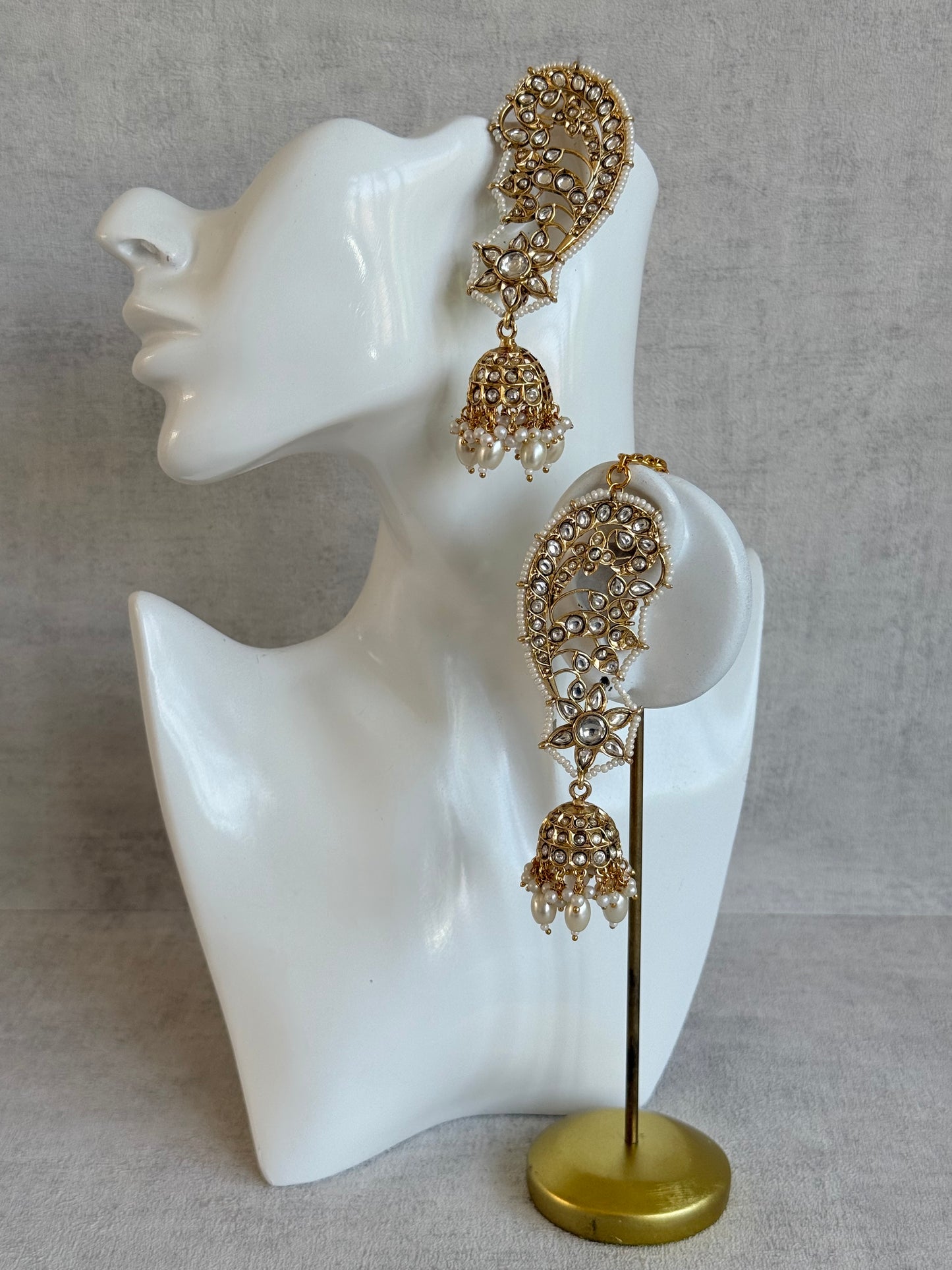 Ayura Designs Urisha Ear Climber Jhumkis – Pearl & Kundan Earrings, Indian Pakistani Bridal Wedding Jewellery