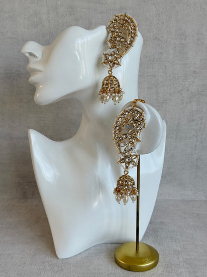 Ayura Designs Urisha Ear Climber Jhumkis – Pearl & Kundan Earrings, Indian Pakistani Bridal Wedding Jewellery