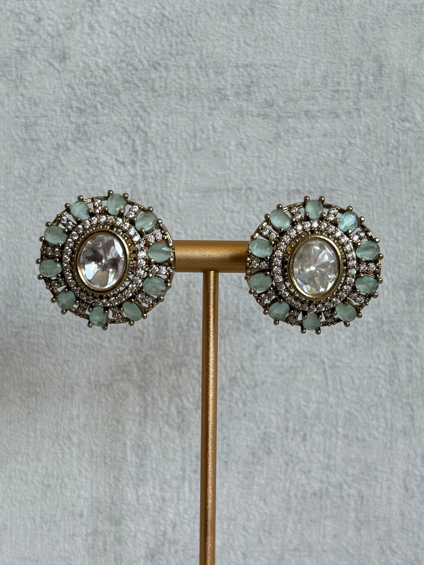 Ayura Designs Genevieve Choker Set with Studs – Mint Crystal Kundan in Antique Gold
