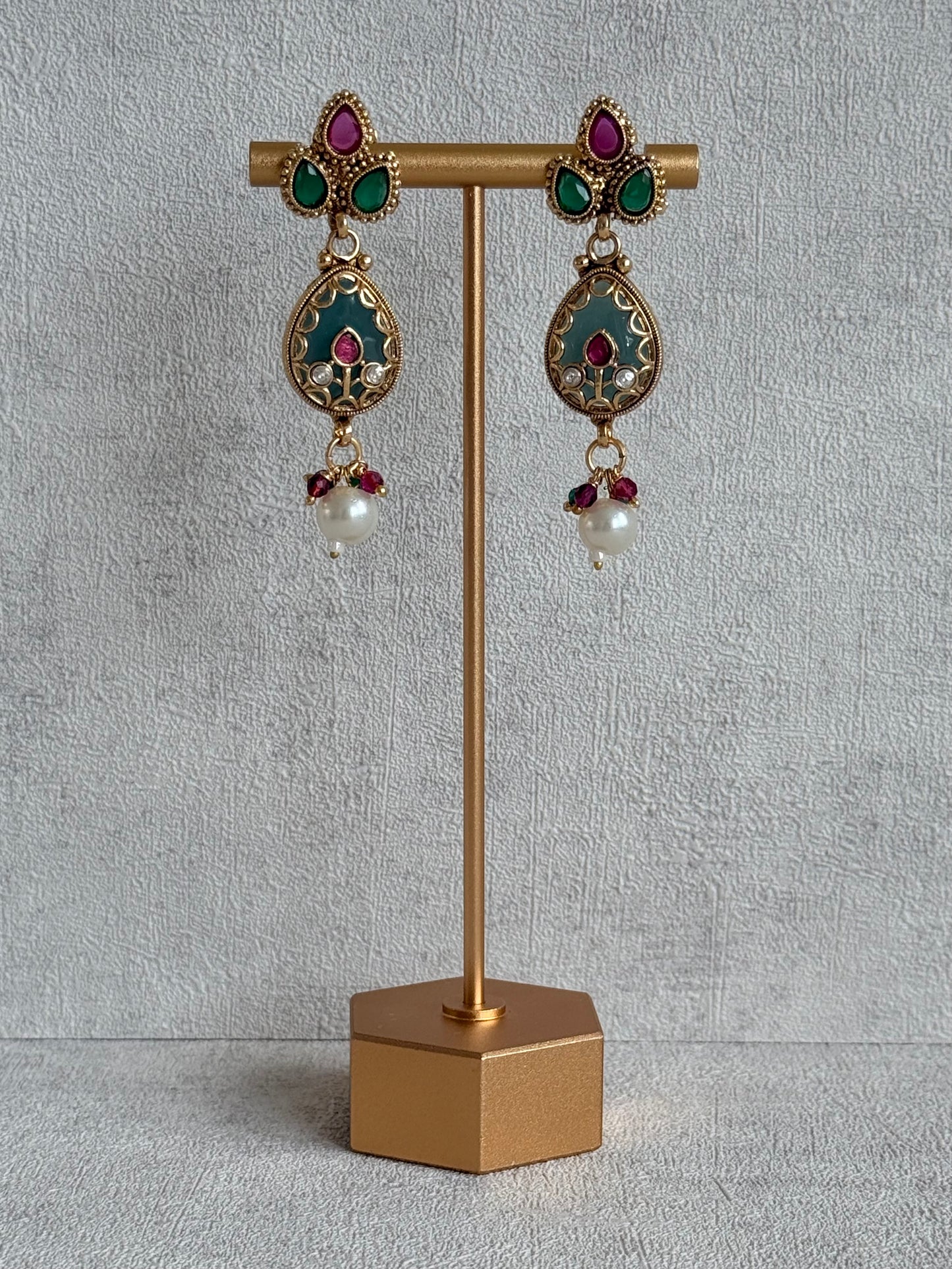 Ayura Designs Lamees Necklace Set with Earrings – Green Enamel, Emerald Green & Ruby Pink Stones with Pearl Drops
