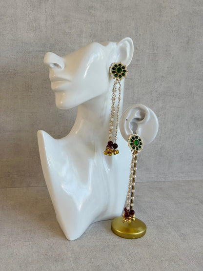 Ayura Designs Noorzar Earrings – Duster Earrings with Emerald Green Stones, Ruby Red Beads & Pearl Chains