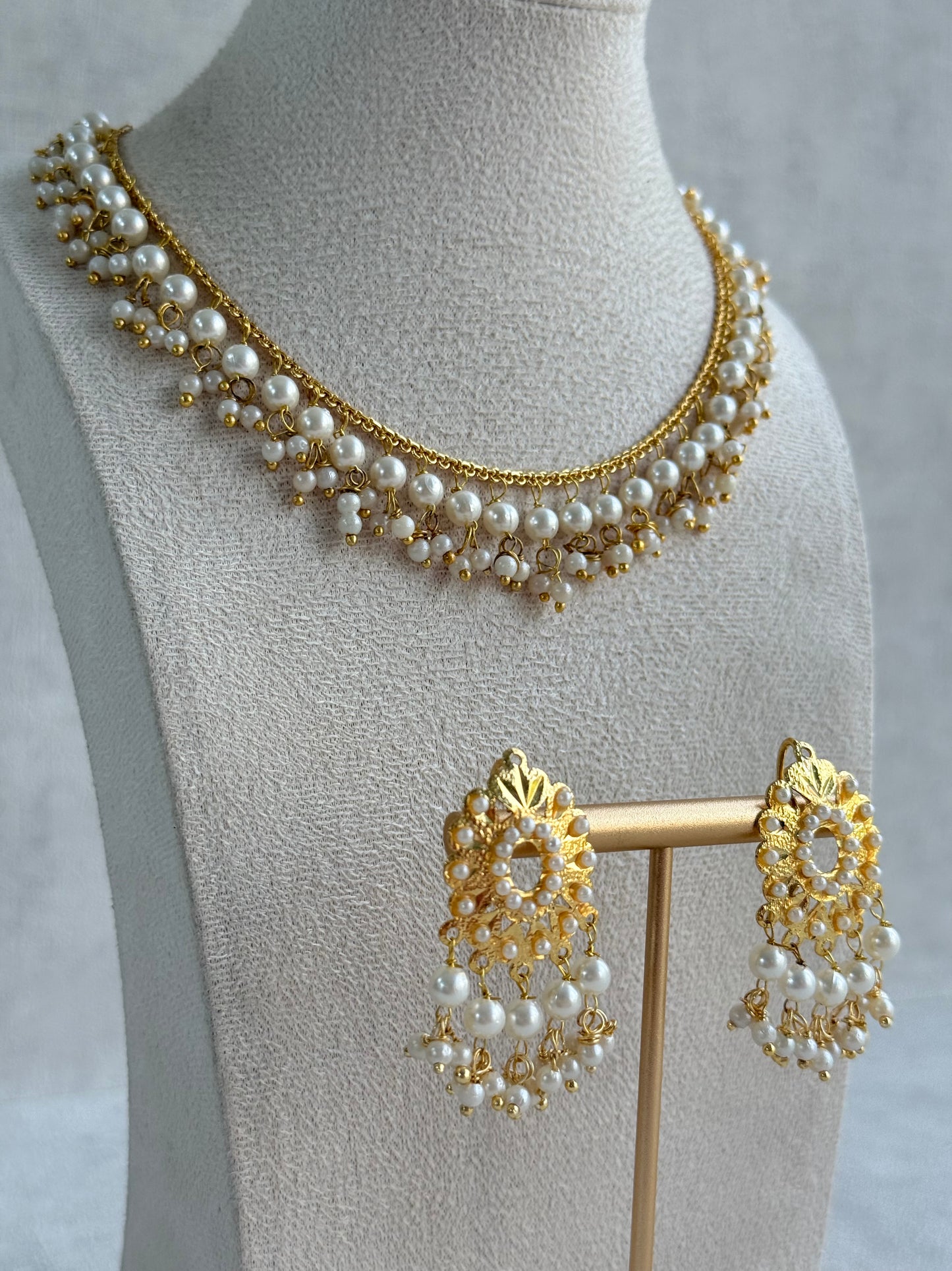 Ayura Designs Tarz Necklace Set with Earrings – Gold Pearl Layered Fringe Design with Pearl Drops