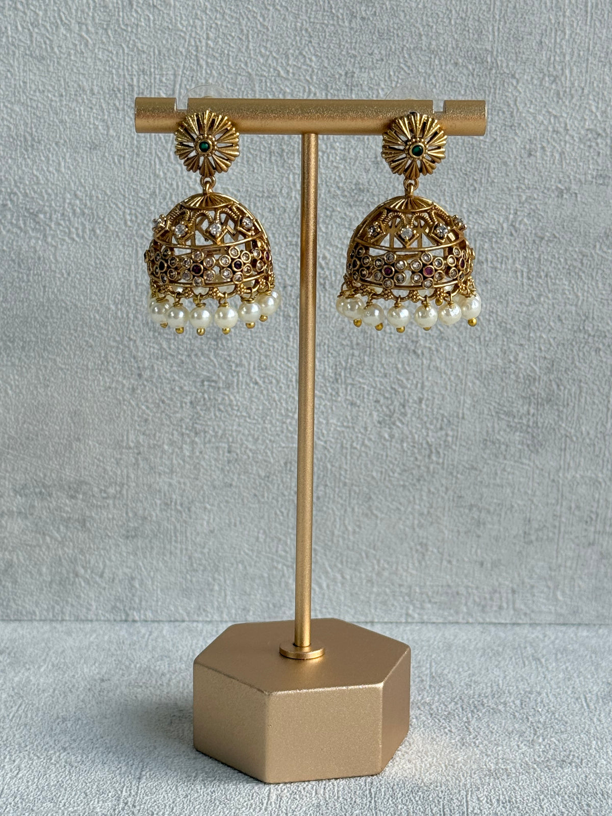 Ayura Designs Parul Jhumkis – Antique Gold with Multicolour Stones & Pearl Drops
