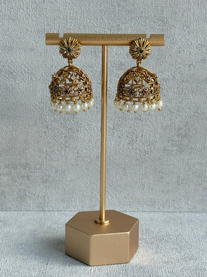 Ayura Designs Parul Jhumkis – Antique Gold with Multicolour Stones & Pearl Drops