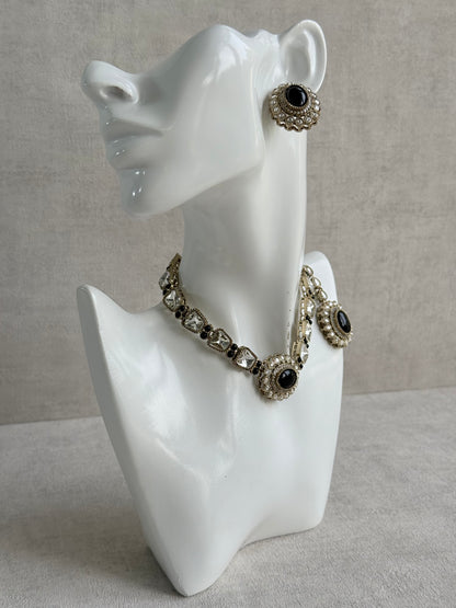 Ayura Designs Inza Necklace Set – Black Stones, Kundan & Crystals with Antique Gold Finish